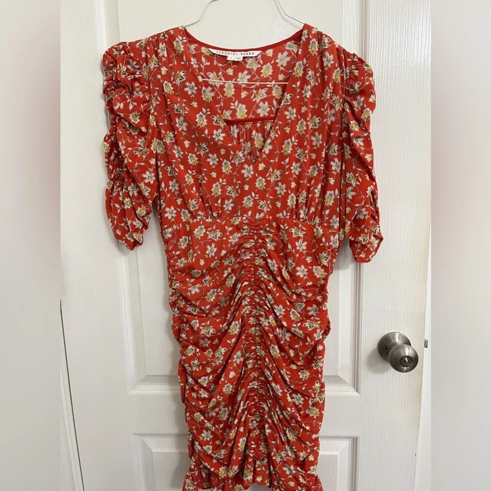 Veronica Beard Mary V-Neck Ruched Silk Floral Red Midi Dress size 8 - Picture 4 of 8